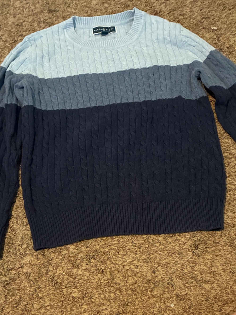 Karen Scott Women’s Three-Tone Blue Cable Crewneck Sweater